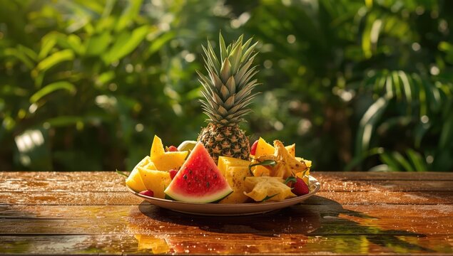 Colorful tropical fruit assortment featuring watermelon, pineapple, guava, and star fruit, suitable as a vibrant healthy eating background - Powered by Adobe