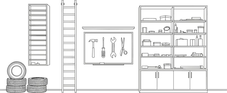 Minimalist workshop interior line art vector with tool board ladder storage shelves tires and organized garage equipment background