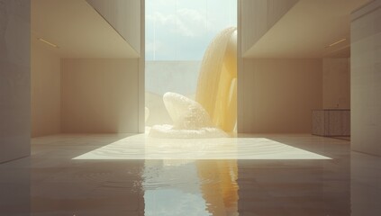 Modern interior with white and yellow water motifs and large window, suitable for editorial header backgrounds