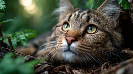 Obraz premium This charming image of a cat lying in lush greenery showcases the essence of relaxation and connection with nature, portraying an adorable and serene moment of stillness.