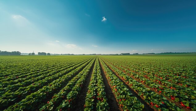 Bright summer day over lush green strawberry fields with clear blue sky, highlighting agricultural productivity