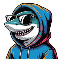 Stylized Shark Character Wearing Blue Hoodie and Sunglasses Illustration