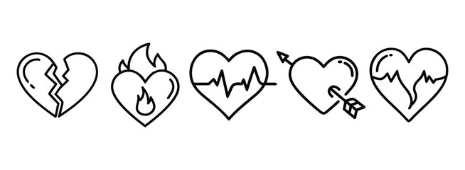 Collection of five heart icons with different emotions and symbols