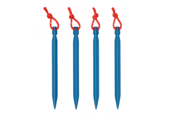 Blue tent stakes with red pull cords for securing camping gear