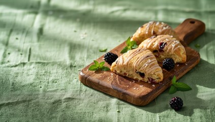 Fresh blackberry lime scones served on rustic wooden surface, emphasizing fruit and baked textures