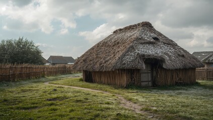 Obraz premium A rural Ukrainian structure featuring wattle and daub construction and a snow-laden thatched roof, winter landscape