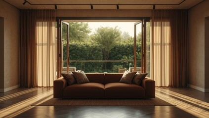 3D living room with outdoor terrace and nature view, including a brown fabric sofa, serving as a setting for architectural visualization