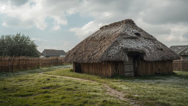 A rural Ukrainian structure featuring wattle and daub construction and a snow-laden thatched roof, winter landscape