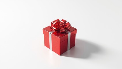 Obraz premium Red present with metallic ribbon and bow on plain white surface, used for festive gift exchange or special occasions