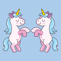 Adorable cartoon unicorns with bright blue manes and golden horns