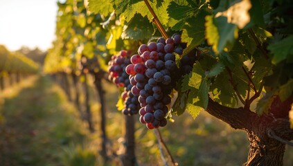 Fototapeta premium Sunlit grape cluster on the vine, highlighting sunlight and shadow play in a vineyard setting during summer