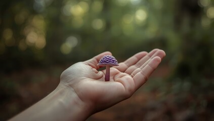 Amethyst Deceiver mushroom in male hand, emphasizing delicate cap and vibrant hue, ideal for botanical study backgrounds