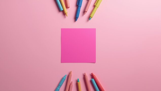 Arrangement of paper notes with colorful markers on pink background for brainstorming, International Day of Education