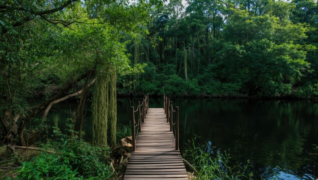 A rustic wooden bridge spanning a black lake in remote wilderness at Guama, Matanza province, highlighting ecosystem conservation