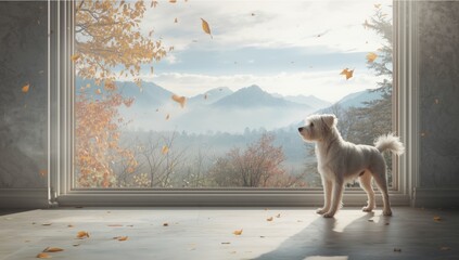 Dog gazing outside through a window on a misty autumn day, highlighting seasonal climate conditions