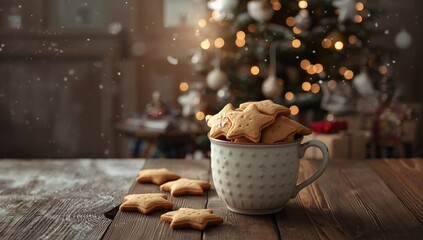 Assorted shortbread cookies shaped as stars displayed with Christmas gifts and a tree, festive holiday setting, seasonal decor