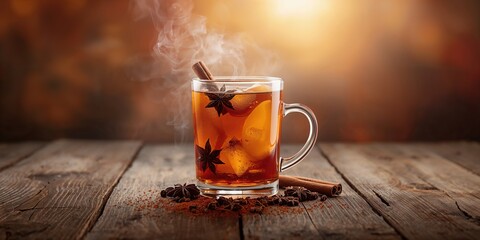 Warm spiced apple beverage with cinnamon cloves and anise on rustic wooden surface, suited for winter gatherings