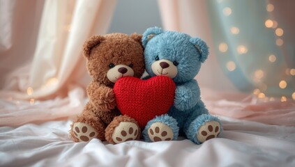 Fototapeta premium Pair of plush teddy bears with a red heart pillow, symbolizing love and companionship, for Valentine's Day