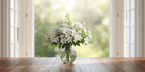 Vase with white flowers and Alstroemeria on a table, suitable as a background for text or layout design