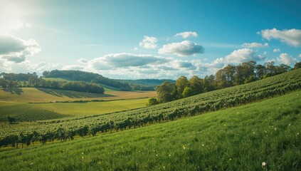 Fototapeta premium Vast farmland including fields, vineyards, and forests indicating mixed agriculture and forestry activities, Earth Day