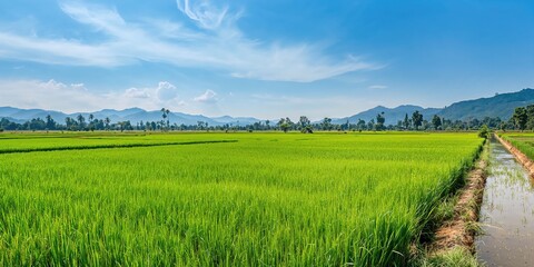 Green rice paddies in northern Thailand with a small irrigation canal highlight traditional agriculture practices, Earth Day