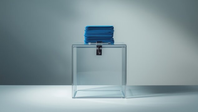 Clear voting box filled with blue ballots, highlighting ballot secrecy and electoral integrity, democratic process