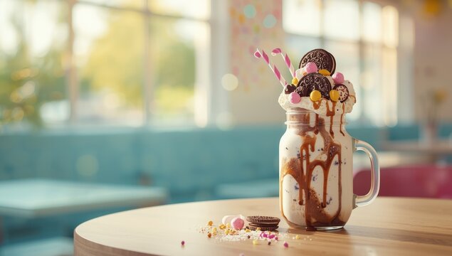 Milkshake overflowing with chocolate, cookies, and candies for a rich, decadent dessert experience