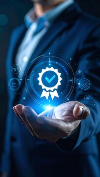 Businessman holding a glowing quality assurance badge, symbolizing excellence and certified service in a digital business environment.