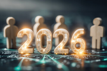 Luminous circuitlike 2026 digits shine before wooden figures on digital surface.