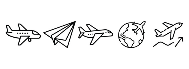 Set of travel icons including airplane and globe