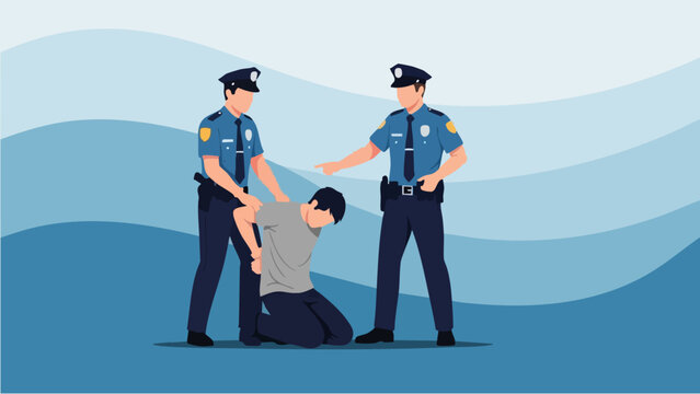 Police officers arresting a suspect on a blue background.