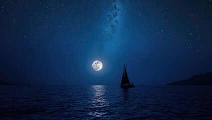 Sea horizon scene with full moon and Milky Way galaxy, ideal for celestial event layouts