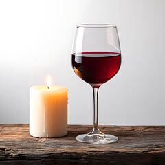 Glass of red wine beside a candle on rustic wooden table