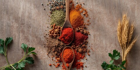 Spices arranged on spoons placed on a wooden surface used for culinary preparation, flavor blending techniques