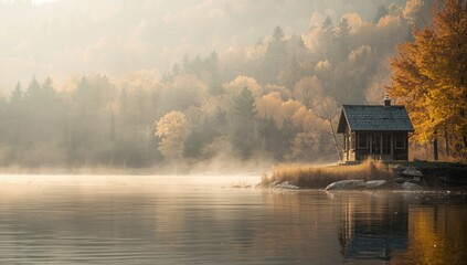 Fototapeta premium Out-of-focus wooden cabin beside a tranquil lake with colorful fall foliage, ideal for background in outdoor lifestyle projects