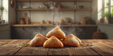 Home bakery scene with triangular rolls and ingredients, focusing on artisanal baking techniques