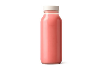 Pink drink in glass bottle on transparent background, healthy beverage.