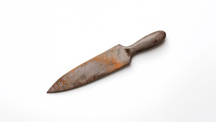 Worn putty knife showing signs of use, used in sealing and surface smoothing tasks, isolated on a white background