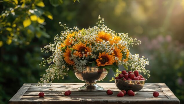 Summer floral and strawberry centerpiece in metal bowl, fresh flowers and fruit on table, spring and summer decor