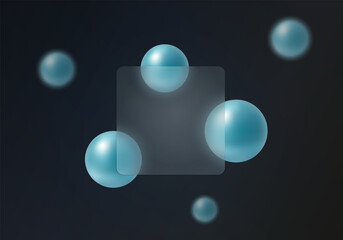 Dark abstract glass morphism background with translucent square panel and floating blue spheres