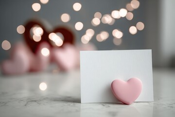 A pink heart sits on a textured card, surrounded by soft bokeh lights, evoking a romantic vibe for Valentines Day.