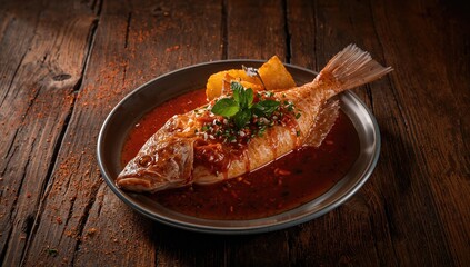 Tilapia fish cooked in spicy Asam Padeh style alongside potatoes on a wooden table, highlighting traditional seafood preparation