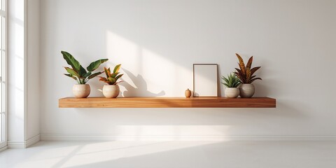 Wall-mounted shelf featuring ornamental plants and items in a mockup setting, interior design background