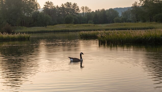 Canada goose approaching shoreline amidst trees and reeds at sunset, illustrating summer wildlife behavior