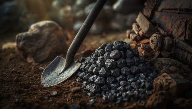 Calamine zinc ore alongside vintage mining tools and wagon remnants, highlighting traditional mining techniques