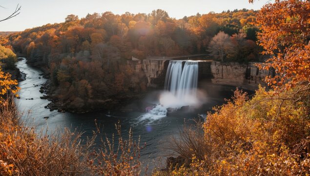 Autumn scene at Little Manitou Falls featuring flowing water, trees, and vibrant fall colors, highlighting seasonal transition