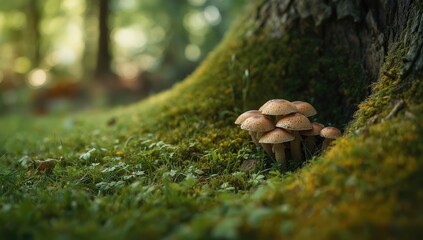 Close-up of mushrooms sprouting in grass, highlighting wild fungi