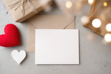 A blank card rests beside red and white hearts on a textured surface, perfect for Valentines Day celebrations.