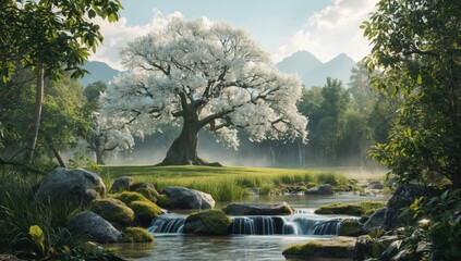 Majestic white tree amidst lush green forest during spring, highlighting seasonal growth, Earth Day