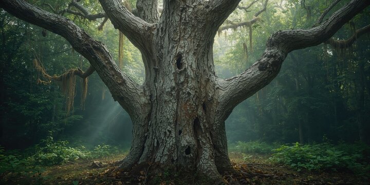 Decay-affected tree in Titusvilles Enchanted Forest, Florida, highlighting natural erosion processes